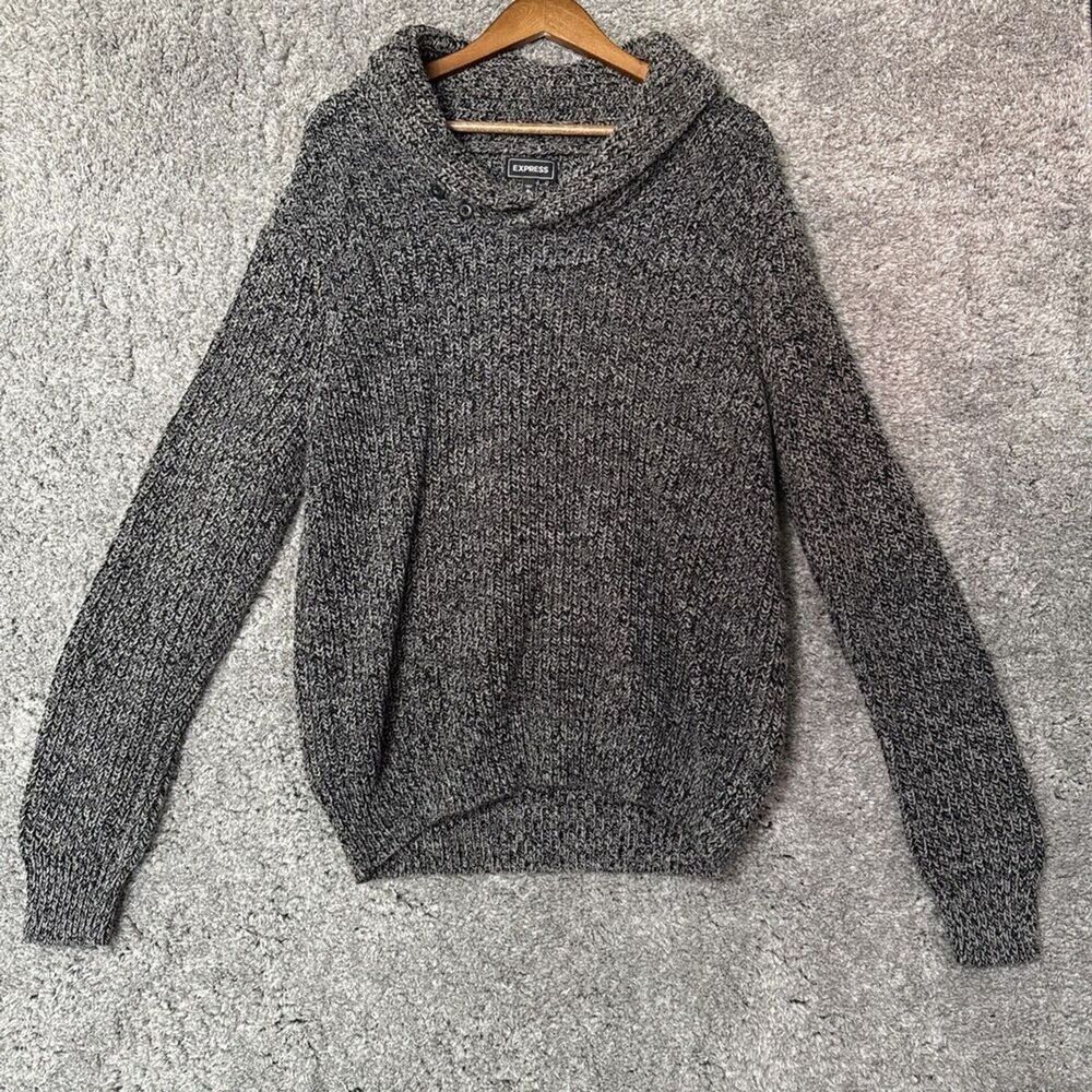 Express Men’s Chunky Knit Sweater Size XL Collared Gray Marled Classic Neutral